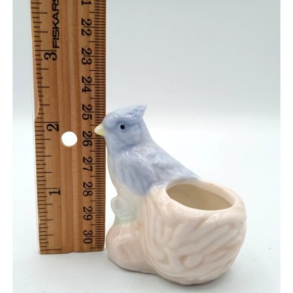 Blue Jay Toothpick Holder Vintage Porcelain 2.25 In Miniature Bird Nest Decor - Picture 2 of 16